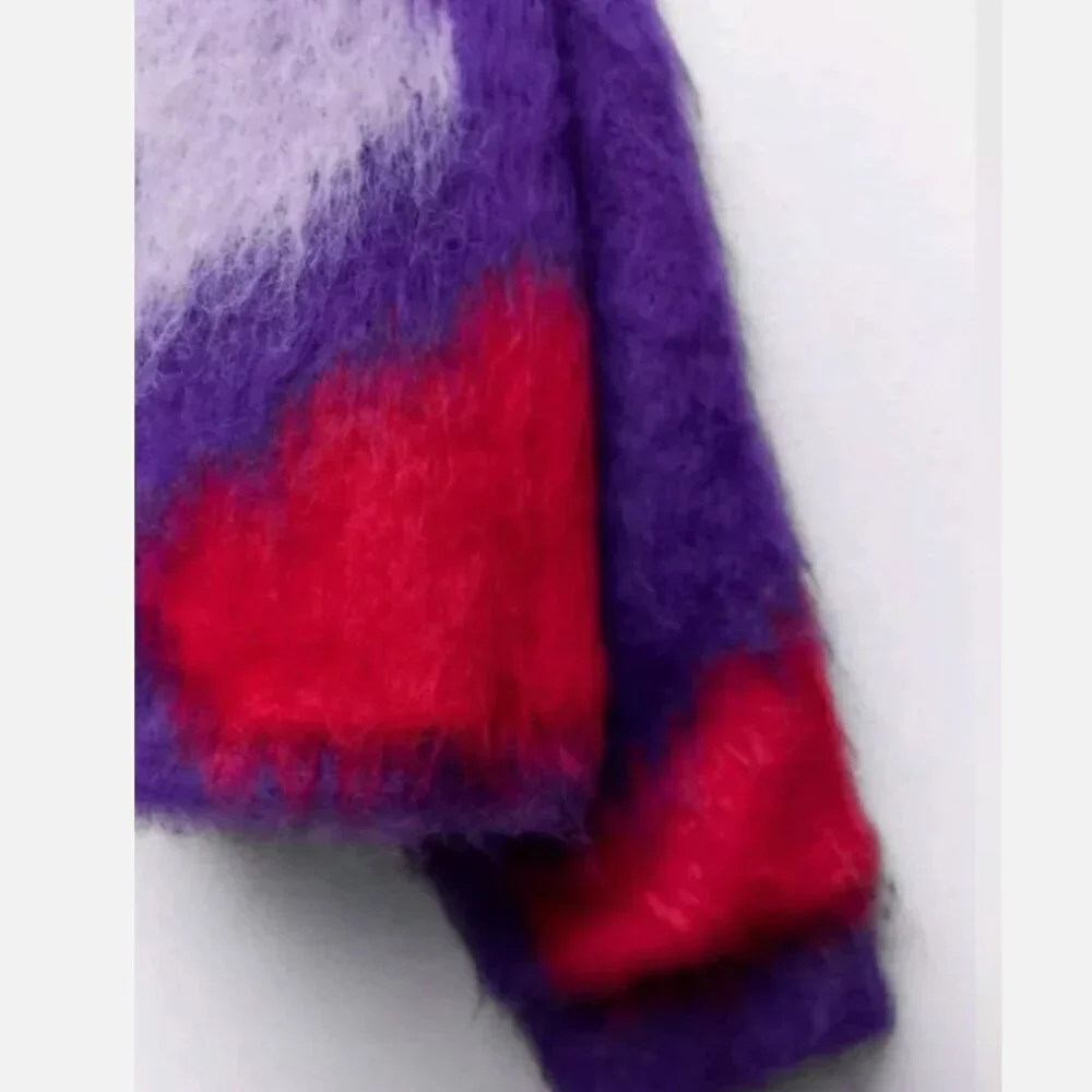 ZARA Brushed Fuzzy Finish Knit Open Cardigan Abstract Unique Purple Red L